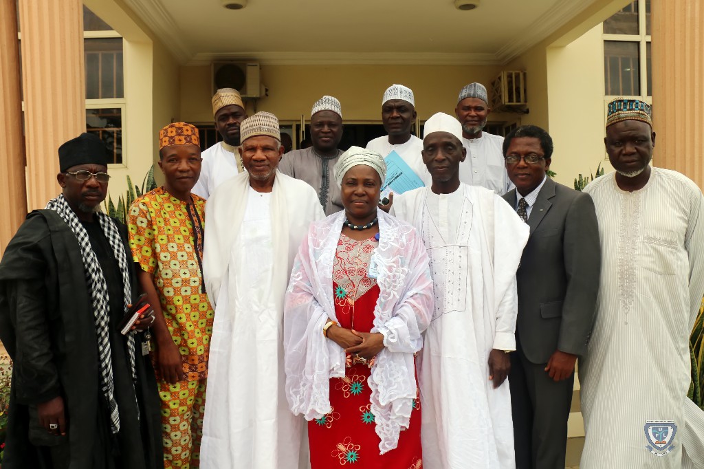 The Vice-Chancellor, Professor Angela Freeman Miri in a group photograph with leaders of Jama'atu Nasril Islam (JNI), Kogi State Branch during their courtesy visit earlier before the hosting of the Annual Inter-Faith Programme (Iftar-Break Fast Dinner).