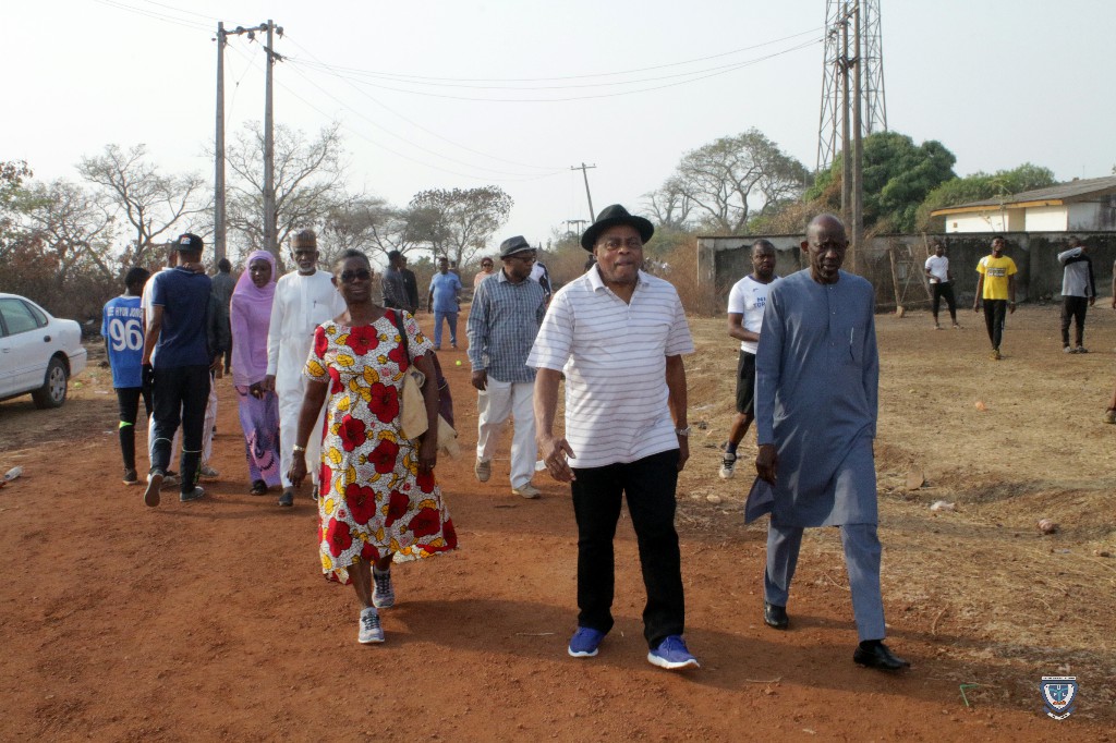 The Pro-Chancellor and Chairman of FUL Second Governing Council, Emeritus Professor Nimi Briggs leading other Members during a tour to Mount Patti, Lokoja