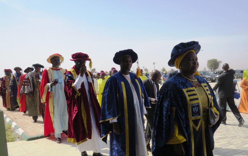 The Vice-Chancellor, Professor Angela Miri (1st from right) and the University Bursar, Alhassan Sheikh Ibrahim (2nd from right), during the procession at the Convocation Ceremony in Damaturu, Yobe State.