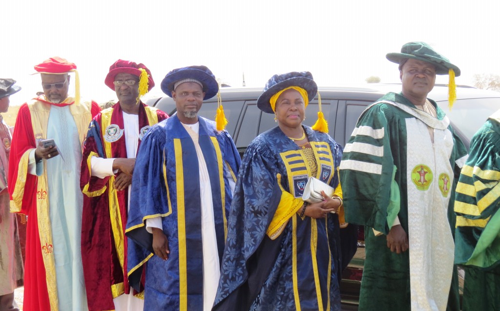 The University Bursar, Alhassan Sheikh Ibrahim (3rd from left) and the Vice-Chancellor, Professor Angela Miri (4th from left), during the procession at the Convocation Ceremony in Damaturu, Yobe State.
