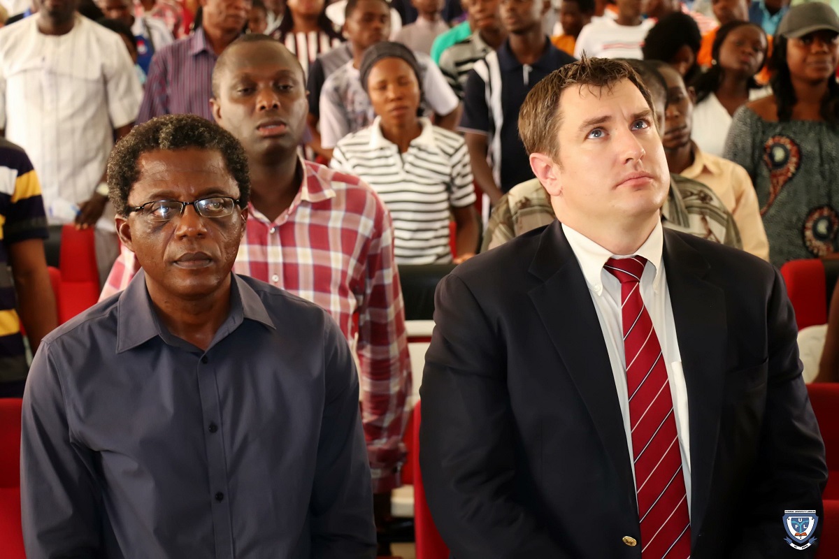 Dr. Joseph Abel, Dean of Student Affairs flanked by Mr. Laurence J. Socha, Cultural Affairs Officer, U.S. Embassy in Nigeria