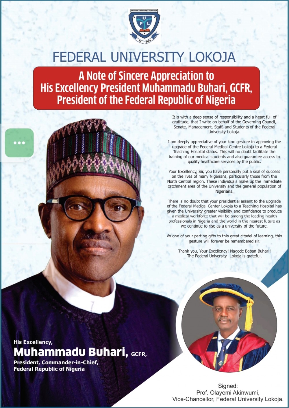 A Note Of Sincere Appreciation To His Excellency President Muhammadu Buhari, Gcfr, President Of The Federal Republic Of Nigeria