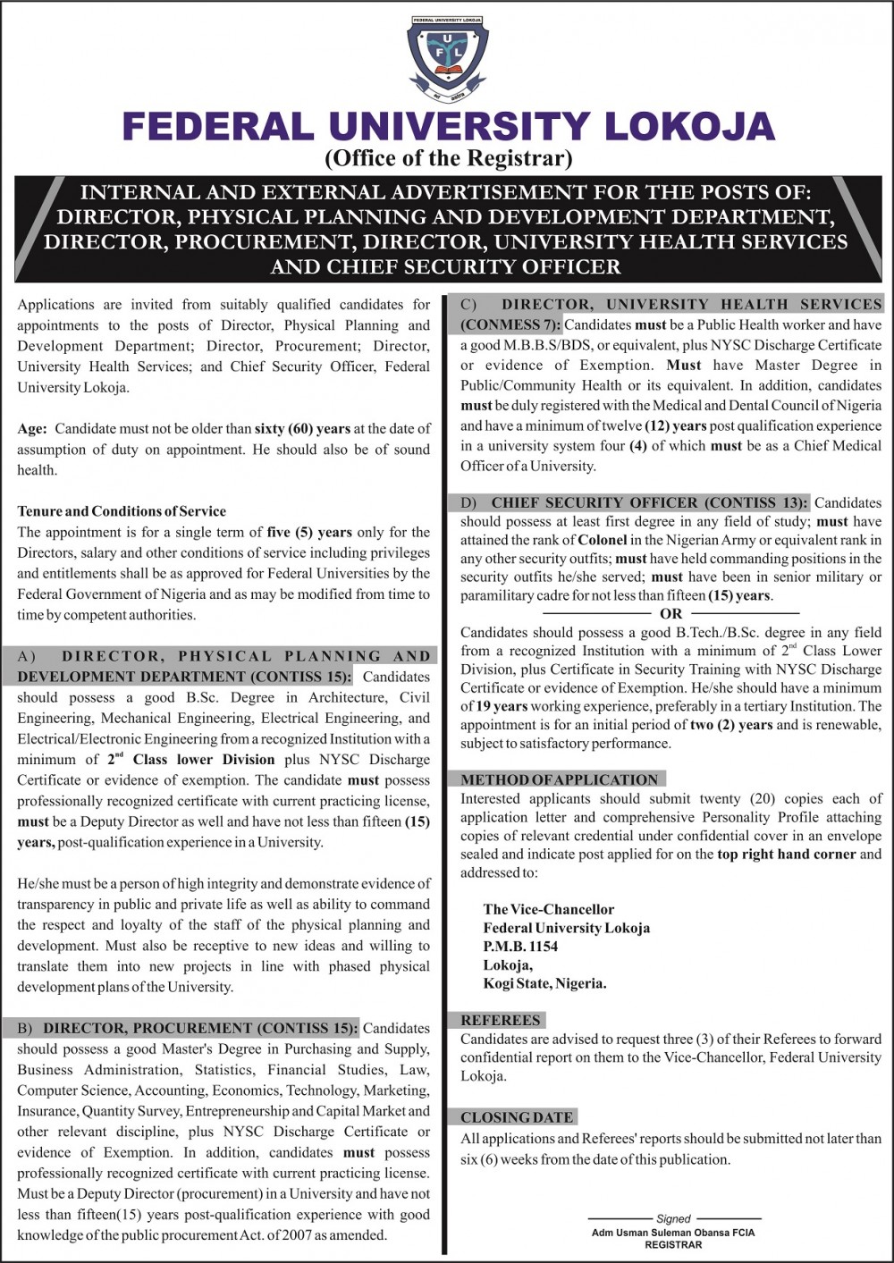 Internal And External Advertisement For The Posts Of Directors And Chief Security Officer